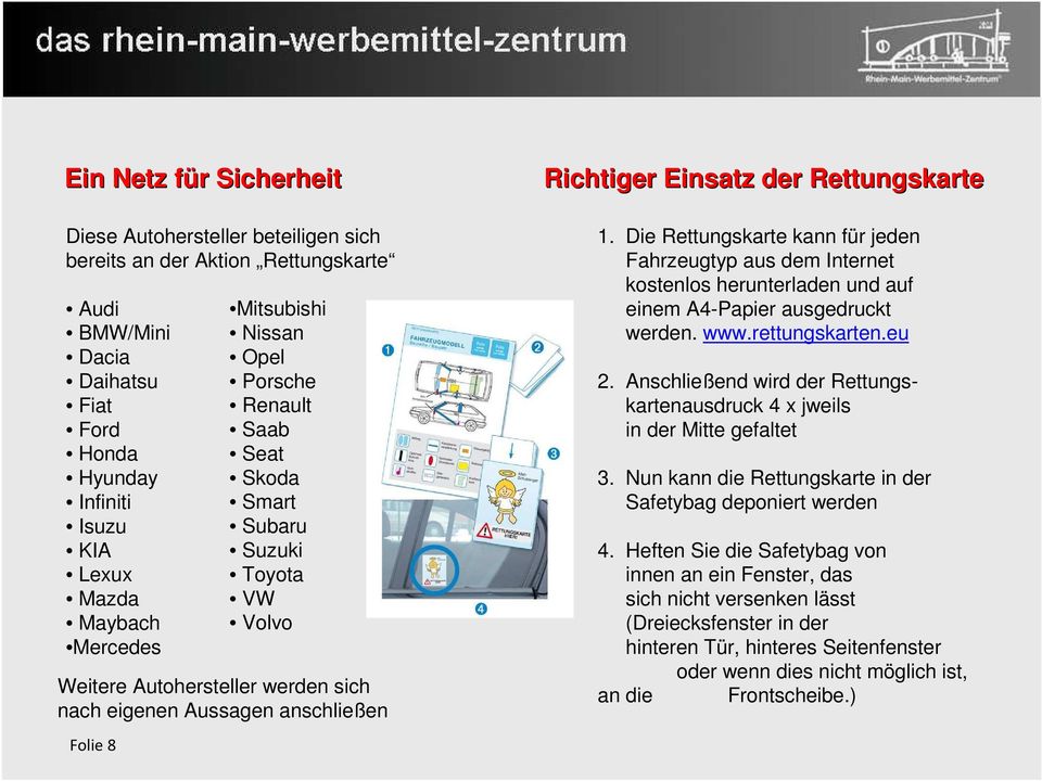 anschließen 1. Die Rettungskarte kann für jeden Fahrzeugtyp aus dem Internet kostenlos herunterladen und auf einem A4-Papier ausgedruckt werden. www.rettungskarten.eu 2.