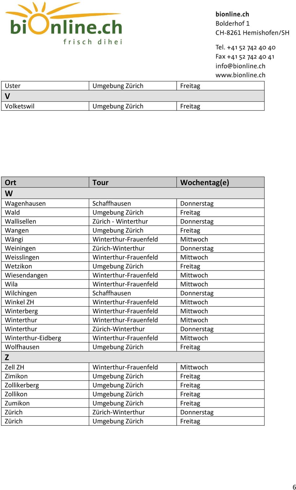 Mittwoch Wila Winterthur-Frauenfeld Mittwoch Wilchingen Schaffhausen Donnerstag Winkel ZH Winterthur-Frauenfeld Mittwoch Winterberg Winterthur-Frauenfeld Mittwoch Winterthur Winterthur-Frauenfeld