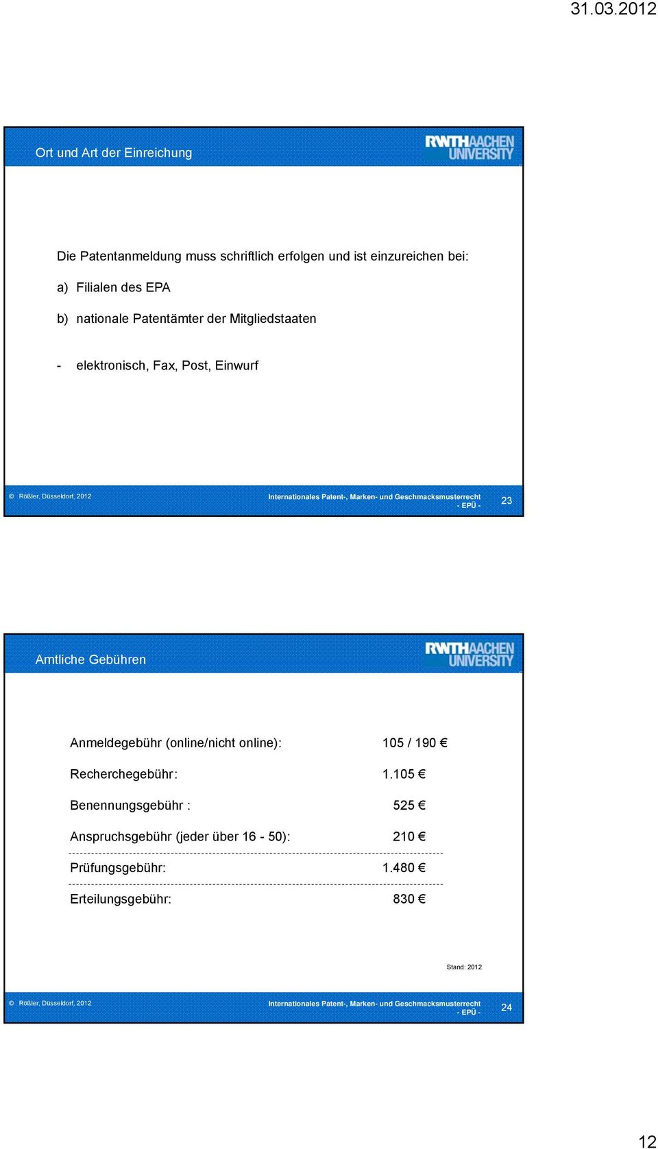 Amtliche Gebühren Anmeldegebühr (online/nicht online): 105 / 190 Recherchegebühr: 1.