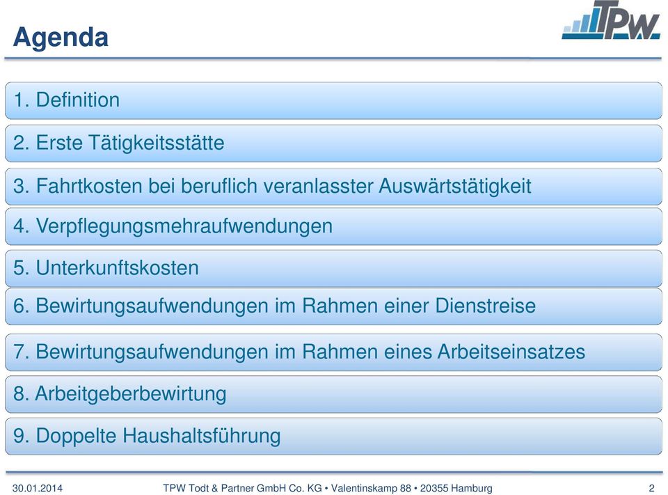 Unterkunftskosten 6. Bewirtungsaufwendungen im Rahmen einer Dienstreise 7.