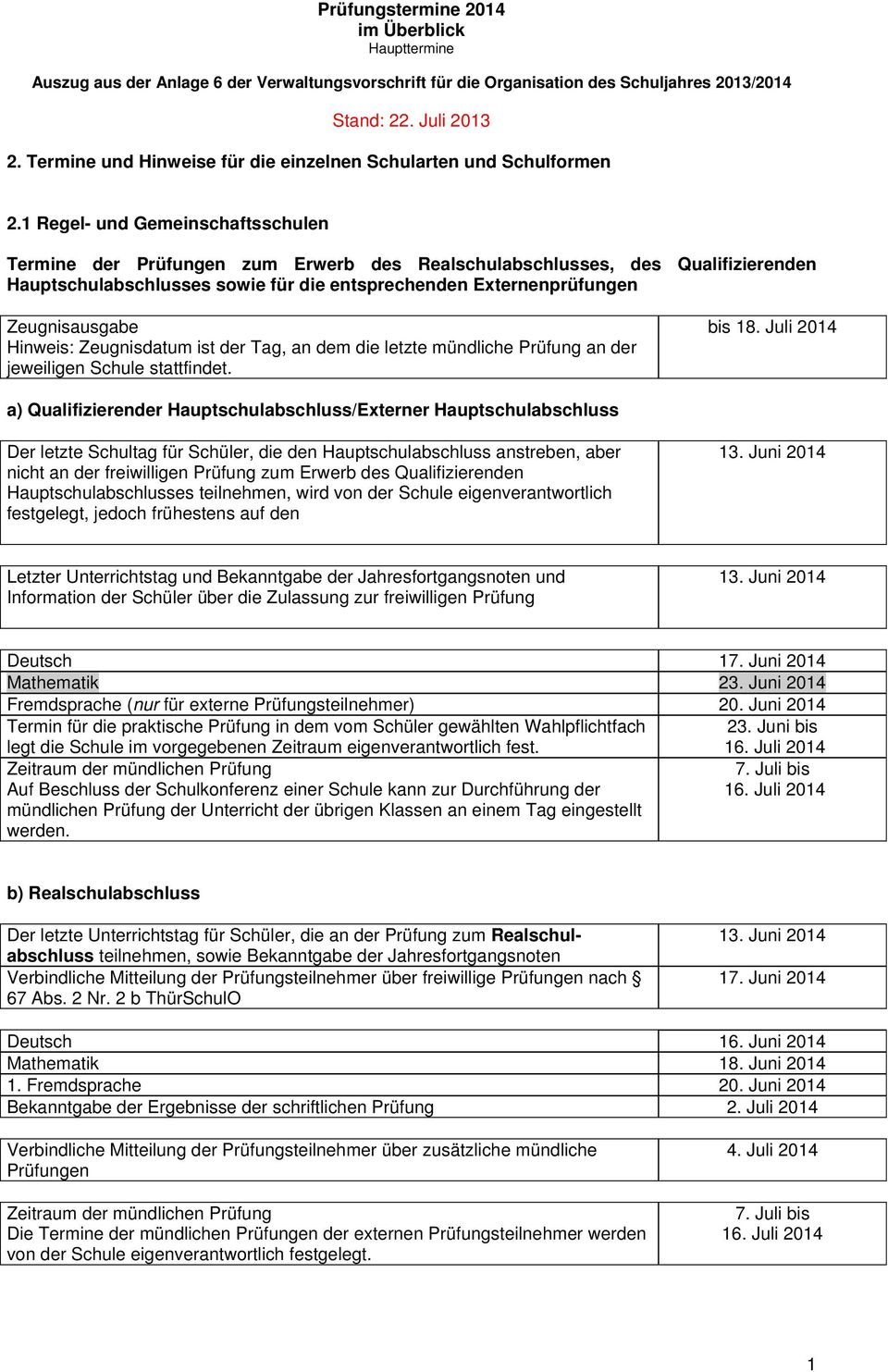 Hinweis: Zeugnisdatum ist der Tag, an dem die letzte mündliche Prüfung an der jeweiligen Schule stattfindet. bis 18.