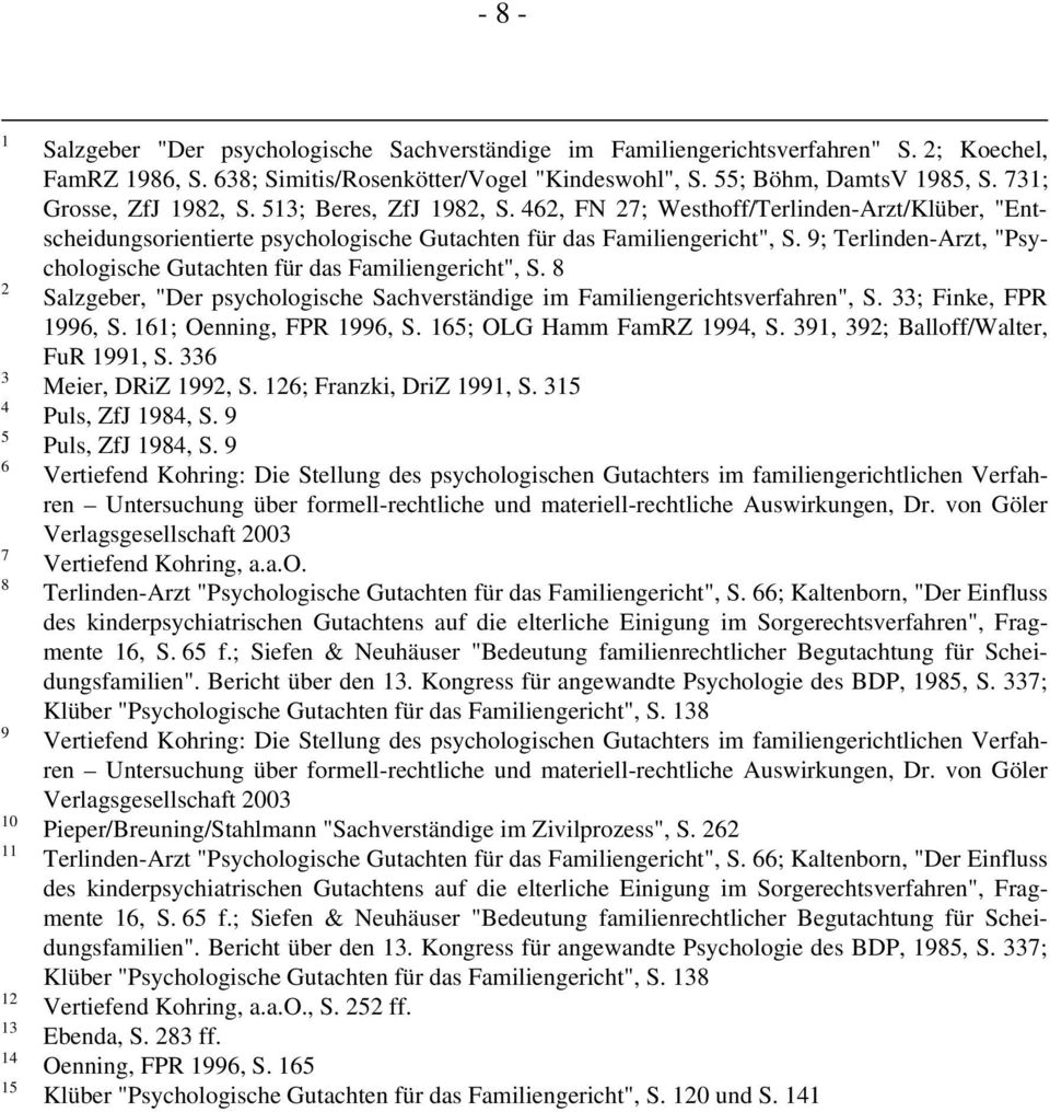 9; Terlinden-Arzt, "Psychologische Gutachten für das Familiengericht", S. 8 Salzgeber, "Der psychologische Sachverständige im Familiengerichtsverfahren", S. 33; Finke, FPR 1996, S.