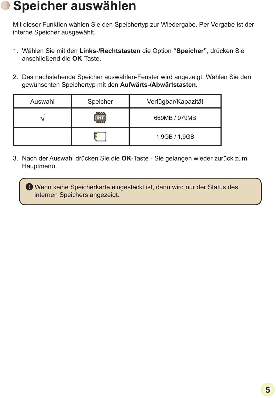 Das nachstehende Speicher auswählen-fenster wird angezeigt. Wählen Sie den gewünschten Speichertyp mit den Aufwärts-/Abwärtstasten.