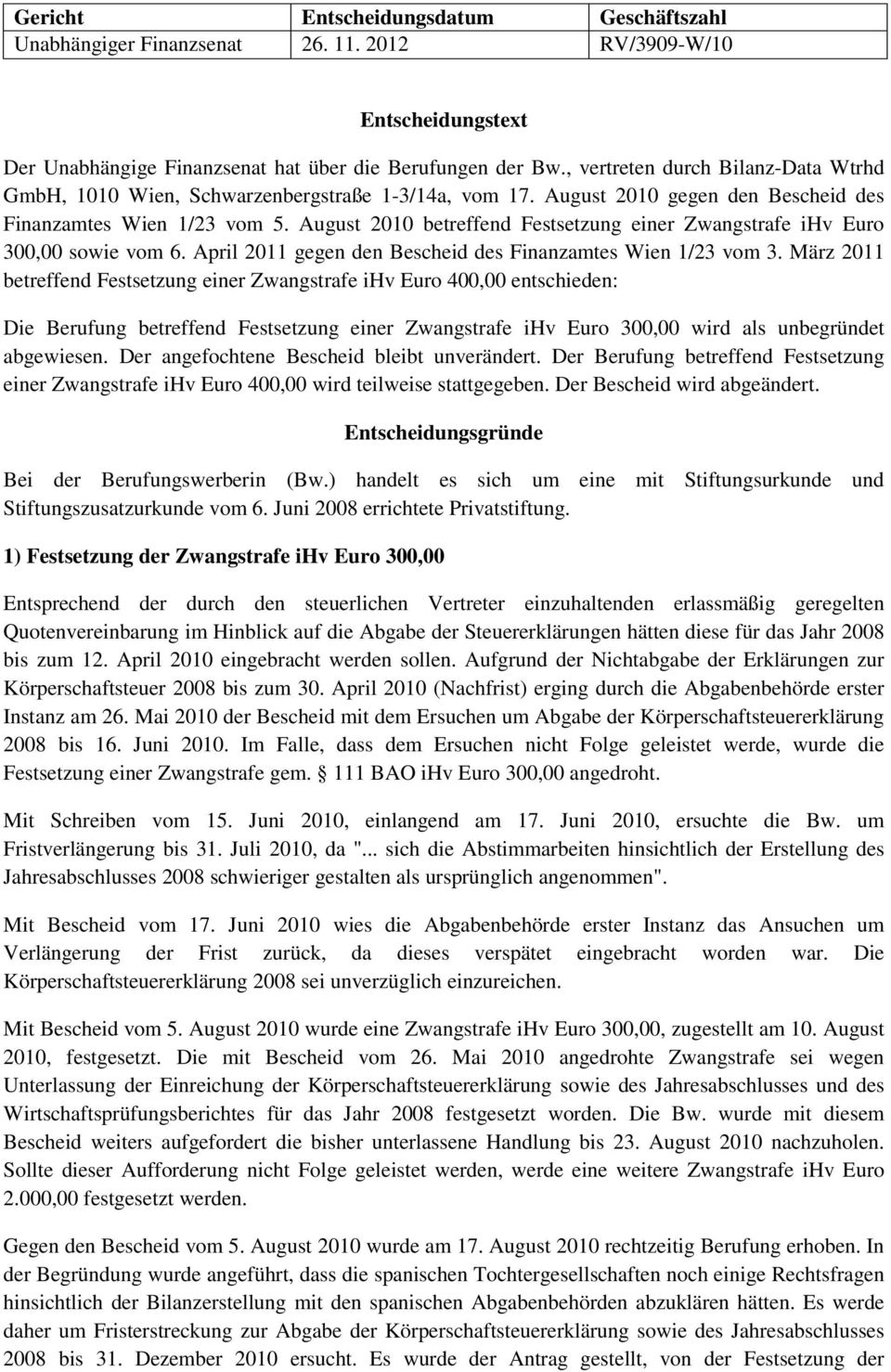 August 2010 betreffend Festsetzung einer Zwangstrafe ihv Euro 300,00 sowie vom 6. April 2011 gegen den Bescheid des Finanzamtes Wien 1/23 vom 3.