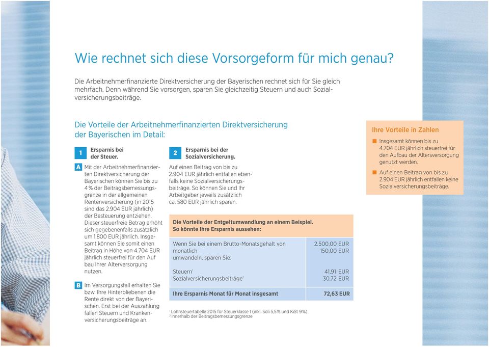 Die Vorteile der Arbeitnehmerfinanzierten Direktversicherung der Bayerischen im Detail: Ersparnis bei 1 2 der Steuer.