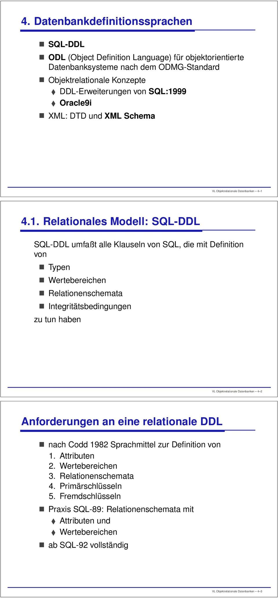 4.1. Relationales Modell: SQL-DDL SQL-DDL umfaßt alle Klauseln von SQL, die mit Definition von Typen Wertebereichen Relationenschemata Integritätsbedingungen zu tun haben VL Objektrelationale