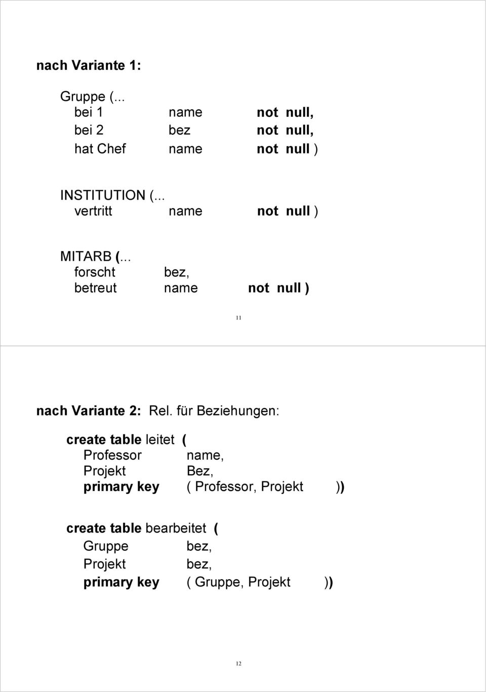 .. vertritt name not null ) MITARB (... forscht bez, betreut name not null ) 11 nach Variante 2: Rel.