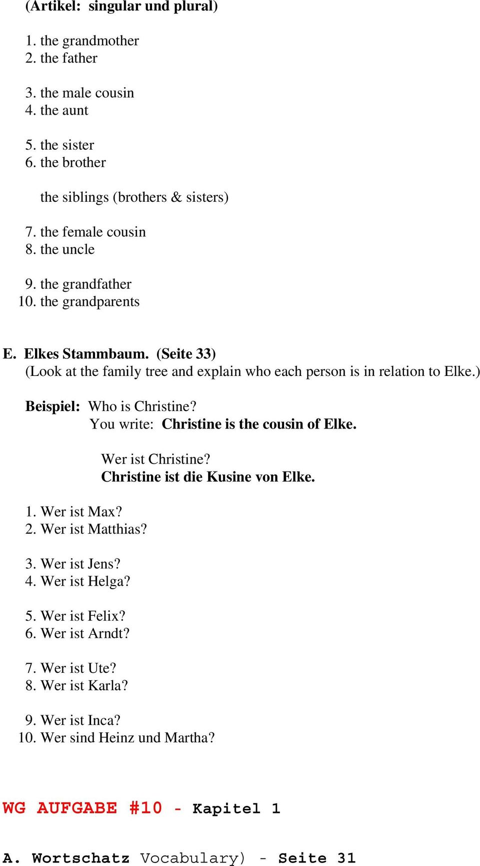 ) Beispiel: Who is Christine? You write: Christine is the cousin of Elke. 1. Wer ist Max? 2. Wer ist Matthias? 3. Wer ist Jens? 4. Wer ist Helga? 5. Wer ist Felix? 6.