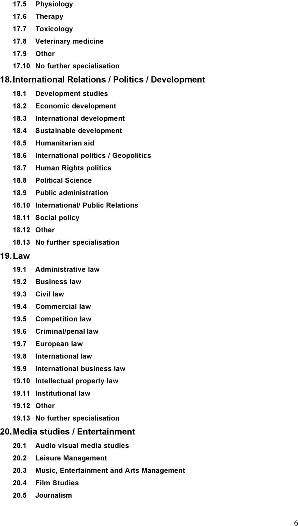 9 Public administration 18.10 International/ Public Relations 18.11 Social policy 18.12 Other 18.13 No further specialisation 19. Law 19.1 Administrative law 19.2 Business law 19.3 Civil law 19.