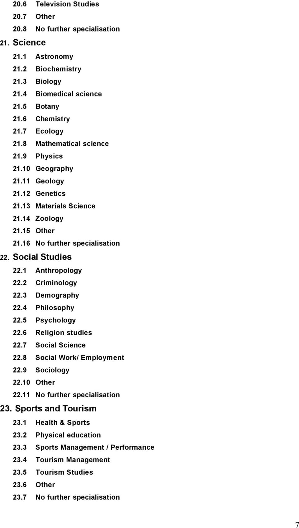 1 Anthropology 22.2 Criminology 22.3 Demography 22.4 Philosophy 22.5 Psychology 22.6 Religion studies 22.7 Social Science 22.8 Social Work/ Employment 22.9 Sociology 22.10 Other 22.