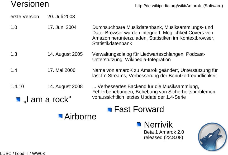 1.3 14. August 2005 Verwaltungsdialog für Liedwarteschlangen, PodcastUnterstützung, Wikipedia-Integration 1.4 17. Mai 2006 Name von amarok zu Amarok geändert, Unterstützung für last.