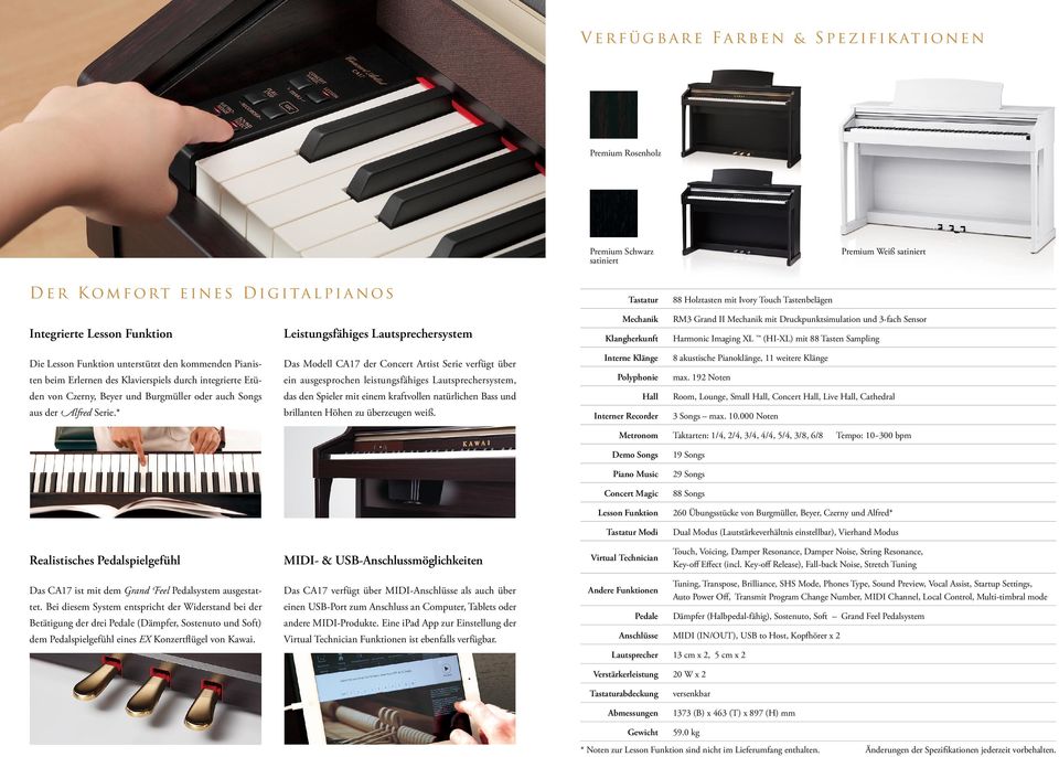 Harmonic Imaging XL (HI-XL) mit 88 Tasten Sampling Die Lesson Funktion unterstützt den kommenden Pianisten beim Erlernen des Klavierspiels durch integrierte Etüden von Czerny, Beyer und Burgmüller