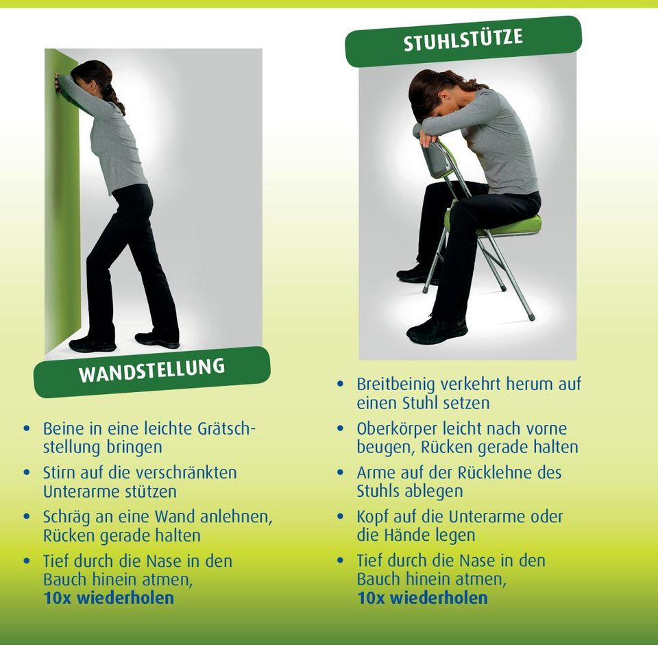 Breitbeinig verkehrt herum auf einen Stuhl setzen Oberkörper leicht nach vorne beugen, Rücken gerade halten Arme auf der
