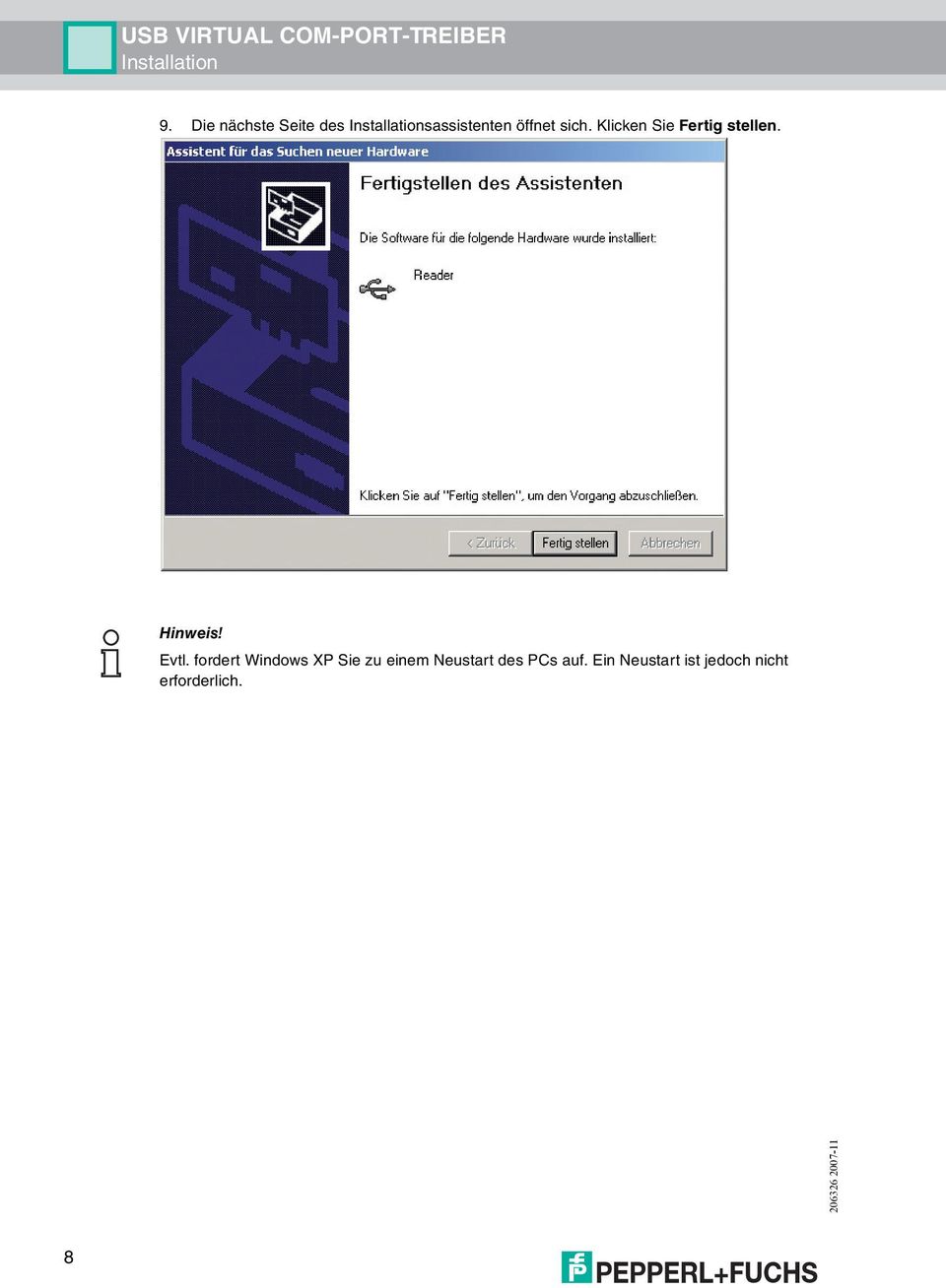 fordert Windows XP Sie zu einem Neustart des PCs