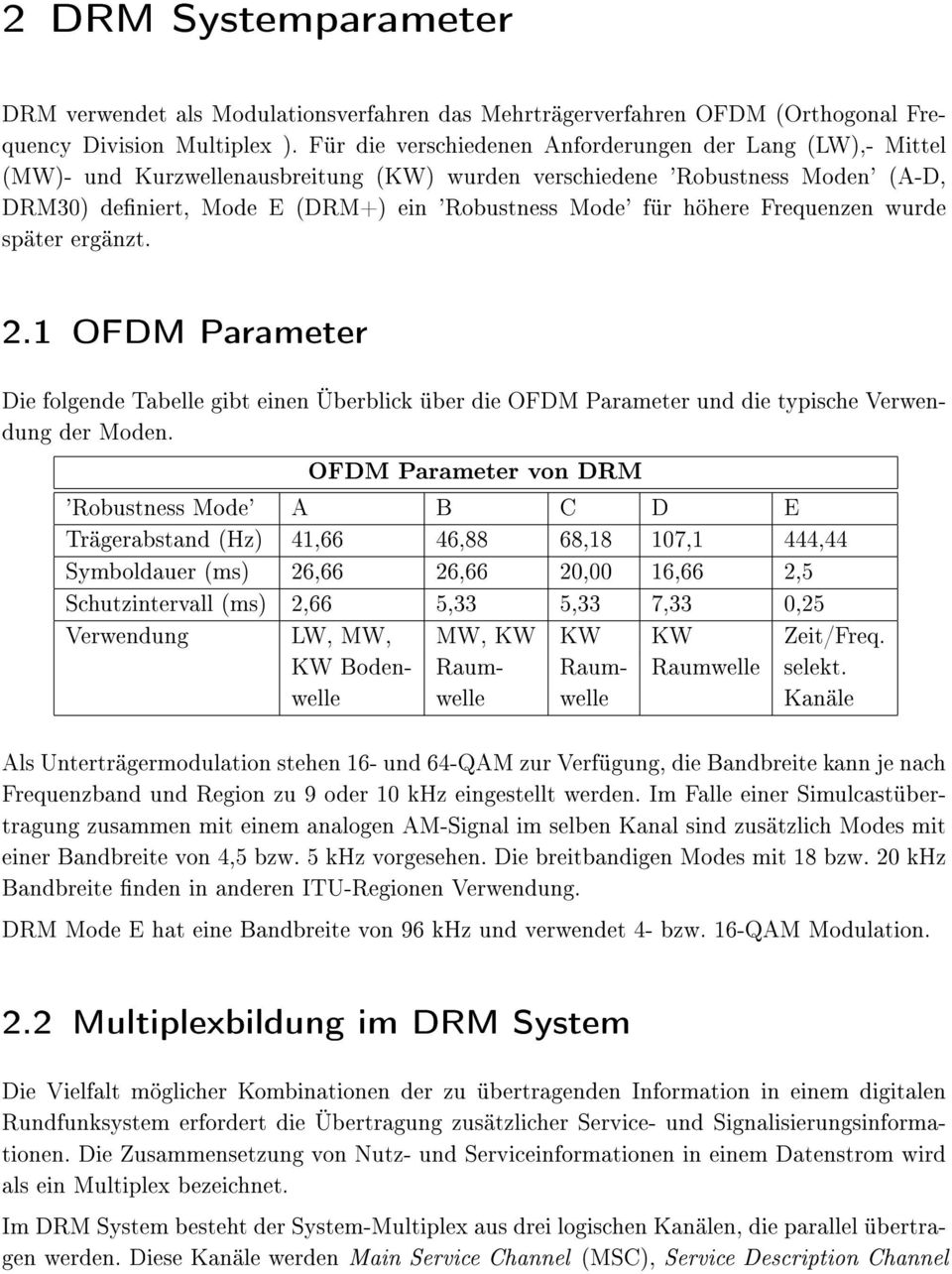 höhere Frequenzen wurde später ergänzt. 2.1 OFDM Parameter Die folgende Tabelle gibt einen Überblick über die OFDM Parameter und die typische Verwendung der Moden.