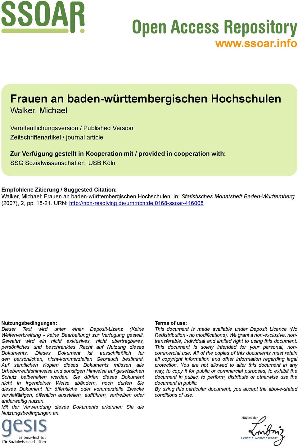 provided in cooperation with: SSG Sozialwissenschaften, USB Köln Empfohlene Zitierung / Suggested Citation: Walker, Michael: Frauen an baden-württembergischen Hochschulen.
