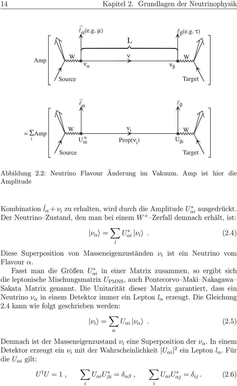 Der Neutrino Zustand, den man bei einem W + Zerfall demnach erhält, ist: ν α = i U αi ν i. (2.4) Diese Superposition von Masseneigenzuständen ν i ist ein Neutrino vom Flavour α.