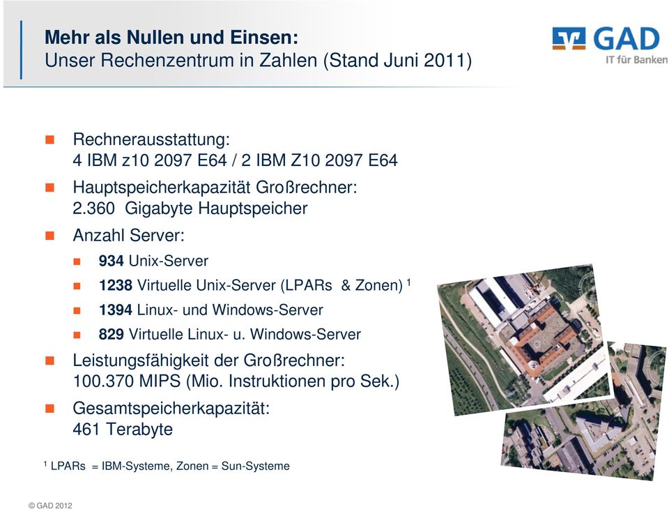 360 Gigabyte Hauptspeicher Anzahl Server: 934 Unix-Server 1238 Virtuelle Unix-Server (LPARs & Zonen) 1 1394 Linux- und