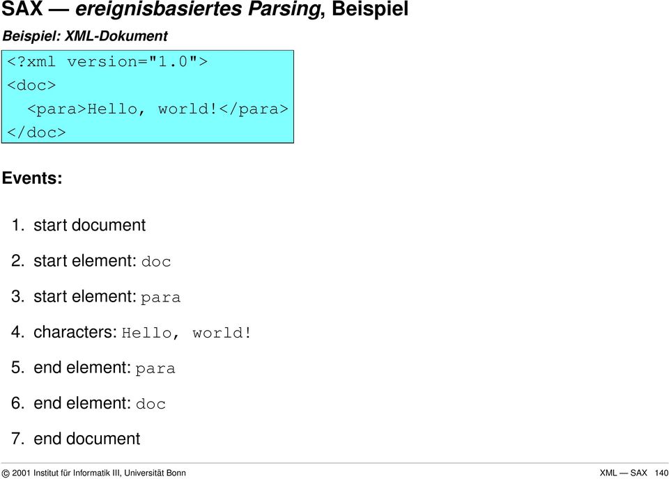 start element: do 3. start element: para 4. haraters: Hello, world! 5.