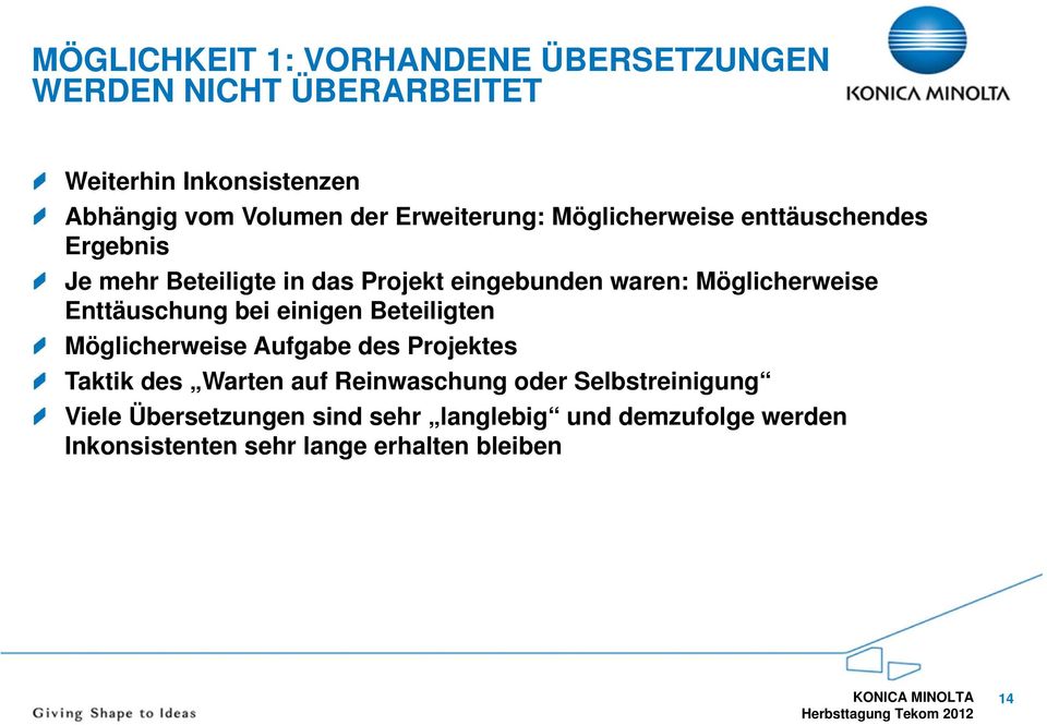 Möglicherweise Enttäuschung bei einigen Beteiligten Möglicherweise Aufgabe des Projektes Taktik des Warten auf