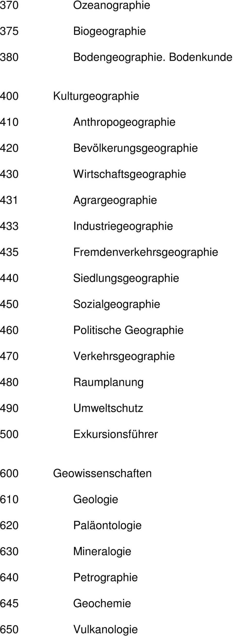 Agrargeographie 433 Industriegeographie 435 Fremdenverkehrsgeographie 440 Siedlungsgeographie 450 Sozialgeographie 460