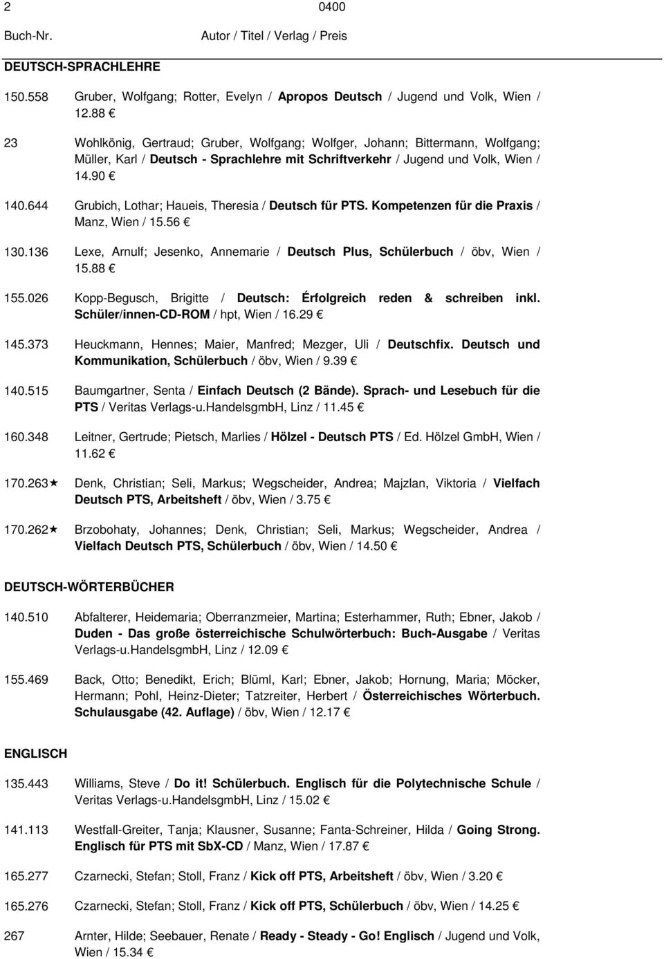 644 Grubich, Lothar; Haueis, Theresia / Deutsch für PTS. Kompetenzen für die Praxis / Manz, Wien / 15.56 130.136 Lexe, Arnulf; Jesenko, Annemarie / Deutsch Plus, Schülerbuch / öbv, Wien / 15.88 155.