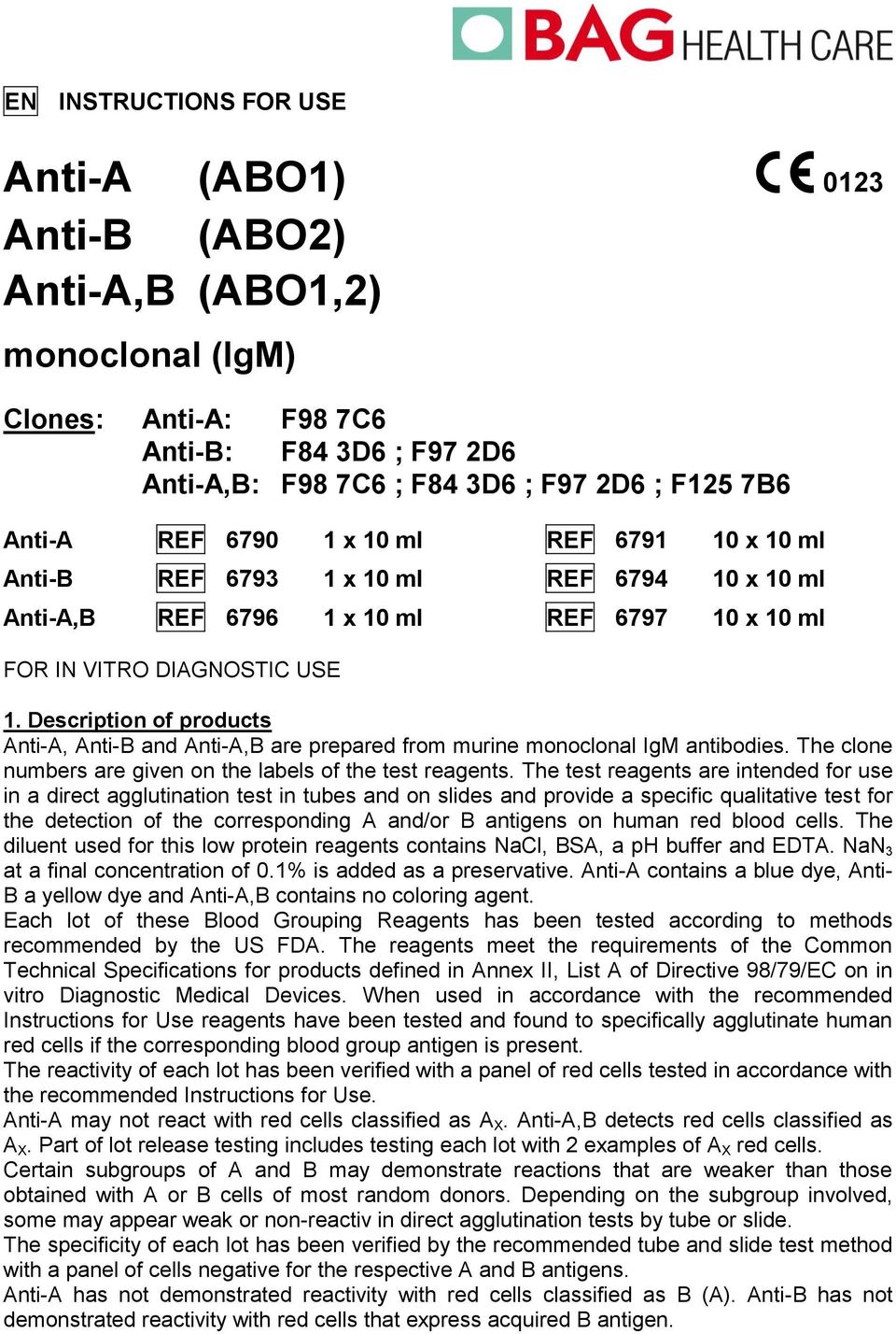 Description of products AntiA, AntiB and AntiA,B are prepared from murine monoclonal IgM antibodies. The clone numbers are given on the labels of the test reagents.