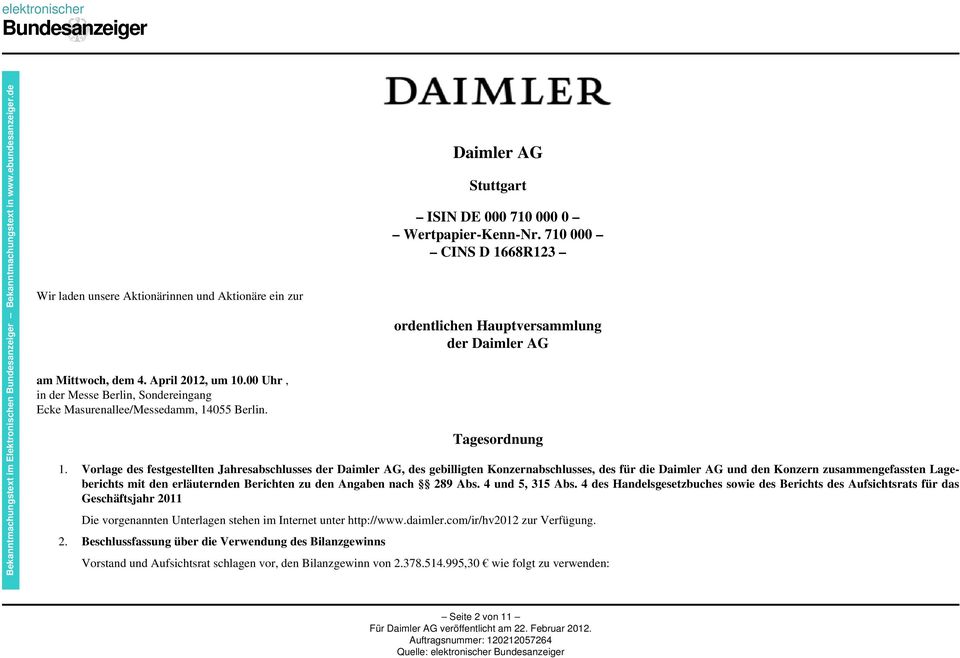 der Daimler AG Tagesordnung 1.