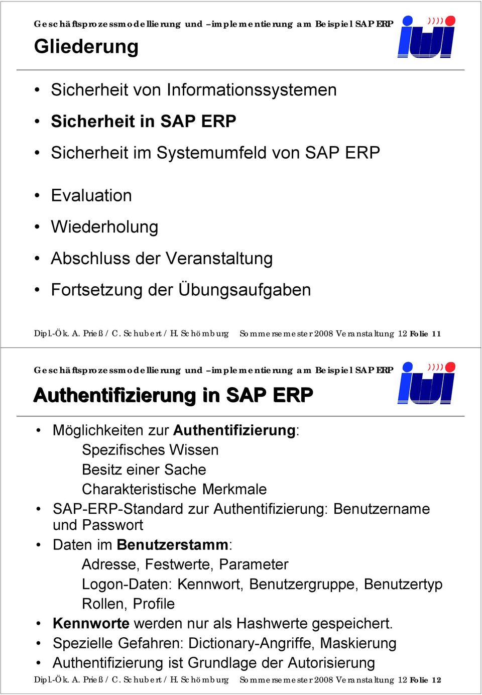 Schömburg Sommersemester 2008 Veranstaltung 12 Folie 11 Authentifizierung in SAP ERP Möglichkeiten zur Authentifizierung: Spezifisches Wissen Besitz einer Sache Charakteristische Merkmale