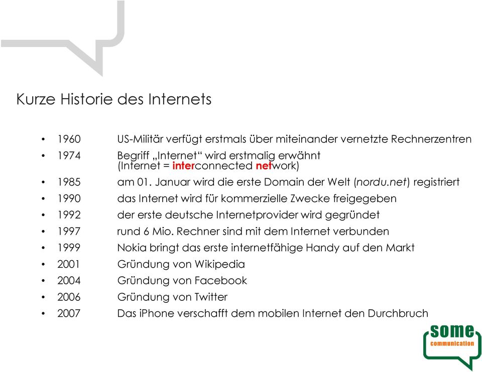 net) registriert 1990 das Internet wird für kommerzielle Zwecke freigegeben 1992 der erste deutsche Internetprovider wird gegründet 1997 rund 6 Mio.