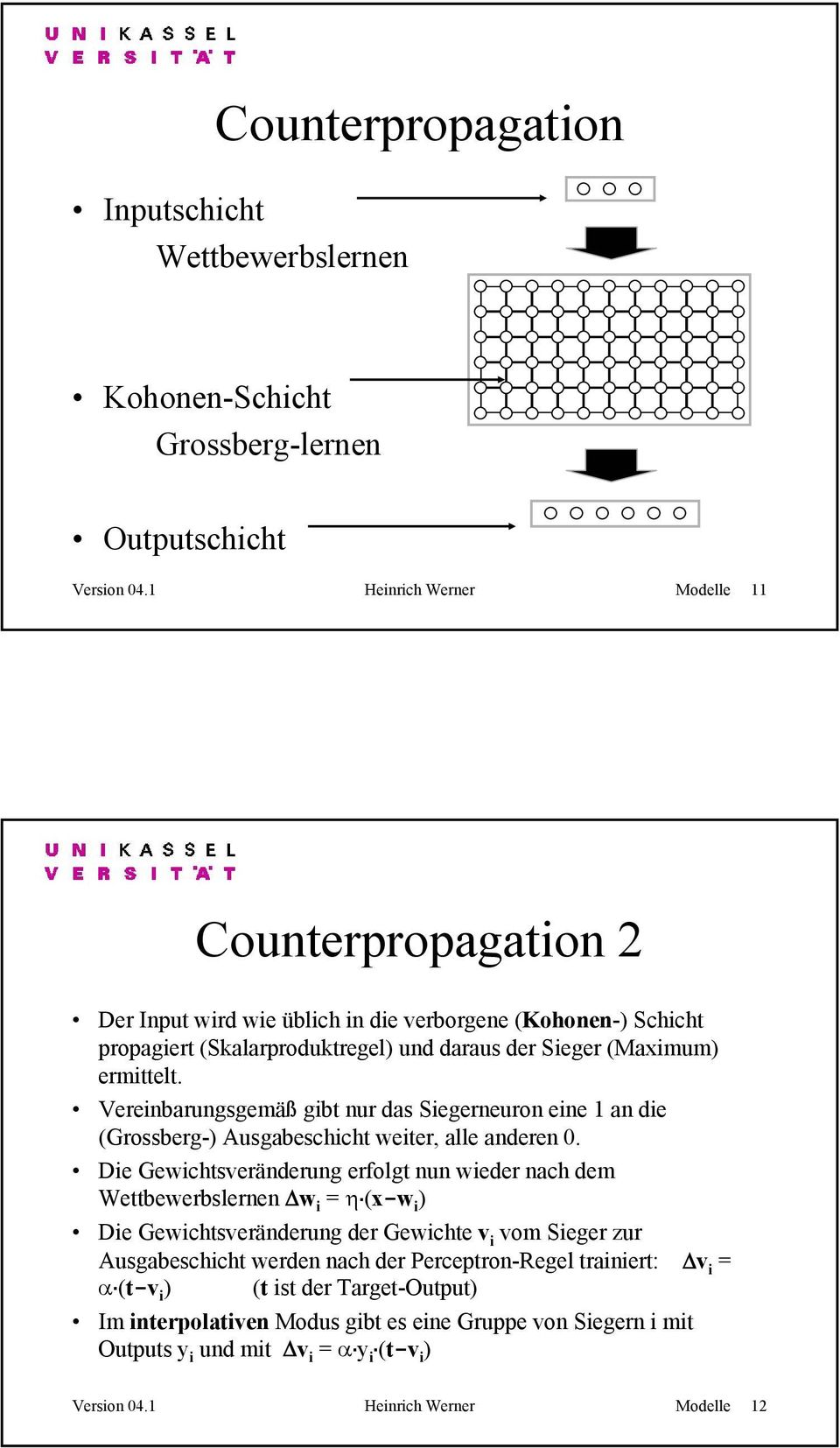 Vereinbarungsgemäß gibt nur das Siegerneuron eine 1 an die (Grossberg-) Ausgabeschicht weiter, alle anderen 0. Die Gewichtsveränderung erfolgt nun wieder nach dem Wettbewerbslernen w i = η.