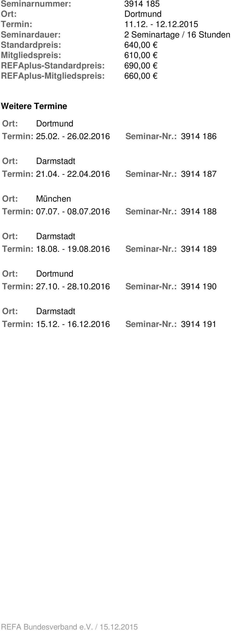 Weitere Termine Ort: Dortmund Termin: 25.02. - 26.02.2016 Seminar-Nr.: 3914 186 Ort: Darmstadt Termin: 21.04. - 22.04.2016 Seminar-Nr.: 3914 187 Ort: München Termin: 07.