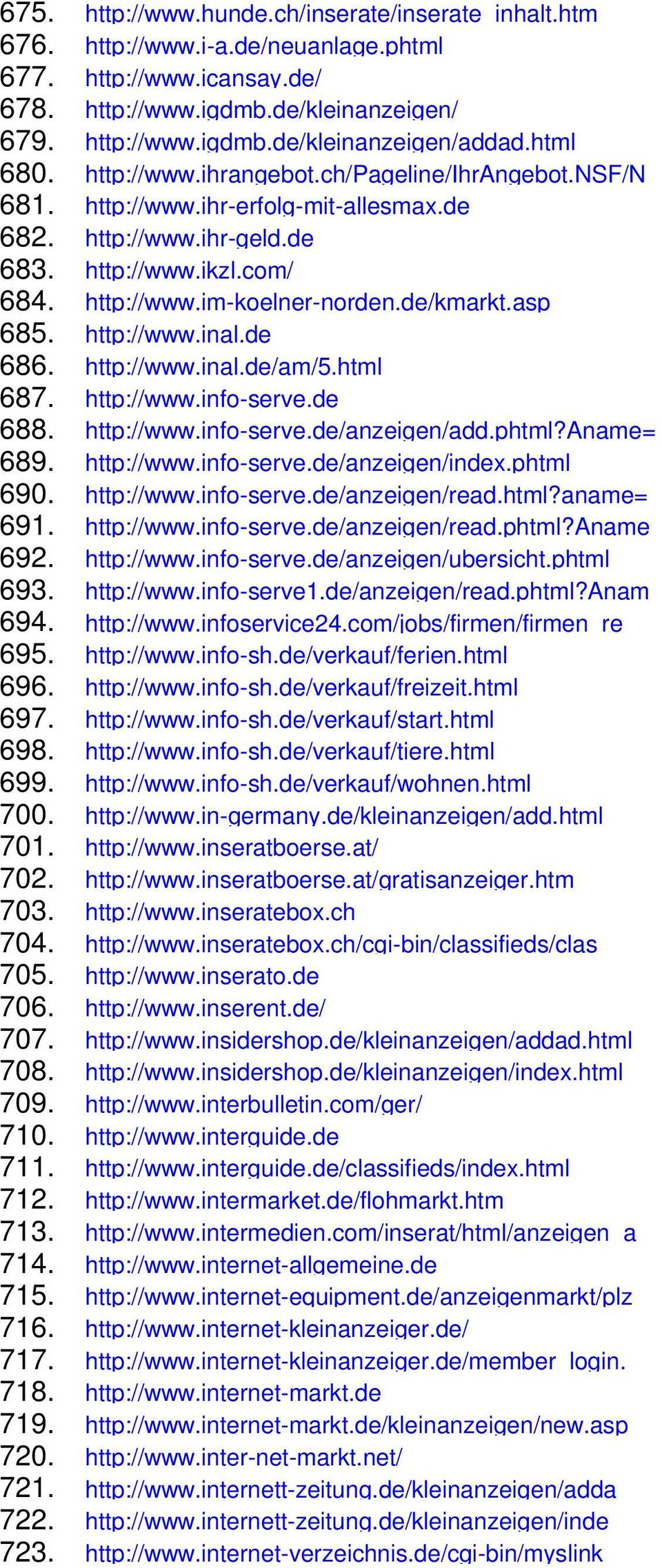de/kmarkt.asp 685. http://www.inal.de 686. http://www.inal.de/am/5.html 687. http://www.info-serve.de 688. http://www.info-serve.de/anzeigen/add.phtml?aname= 689. http://www.info-serve.de/anzeigen/index.