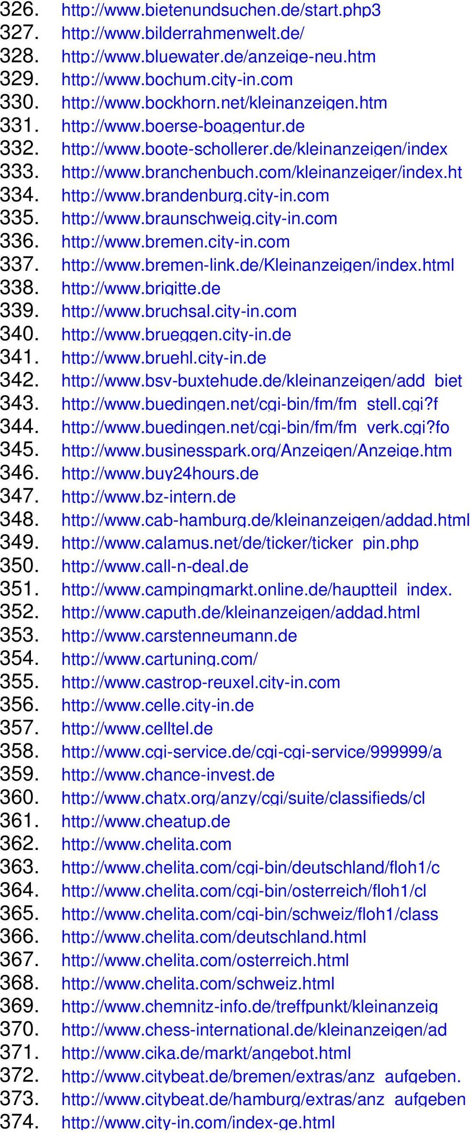 city-in.com 335. http://www.braunschweig.city-in.com 336. http://www.bremen.city-in.com 337. http://www.bremen-link.de/kleinanzeigen/index.html 338. http://www.brigitte.de 339. http://www.bruchsal.
