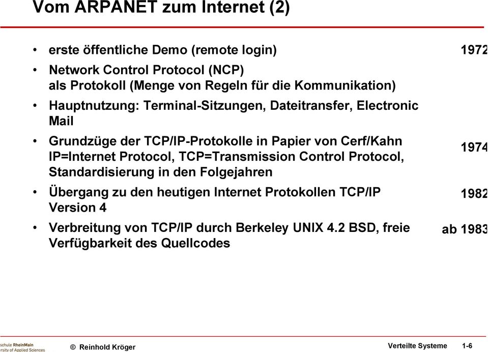 IP=Internet Protocol, TCP=Transmission Control Protocol, Standardisierung di i in den Folgejahren Übergang zu den heutigen Internet