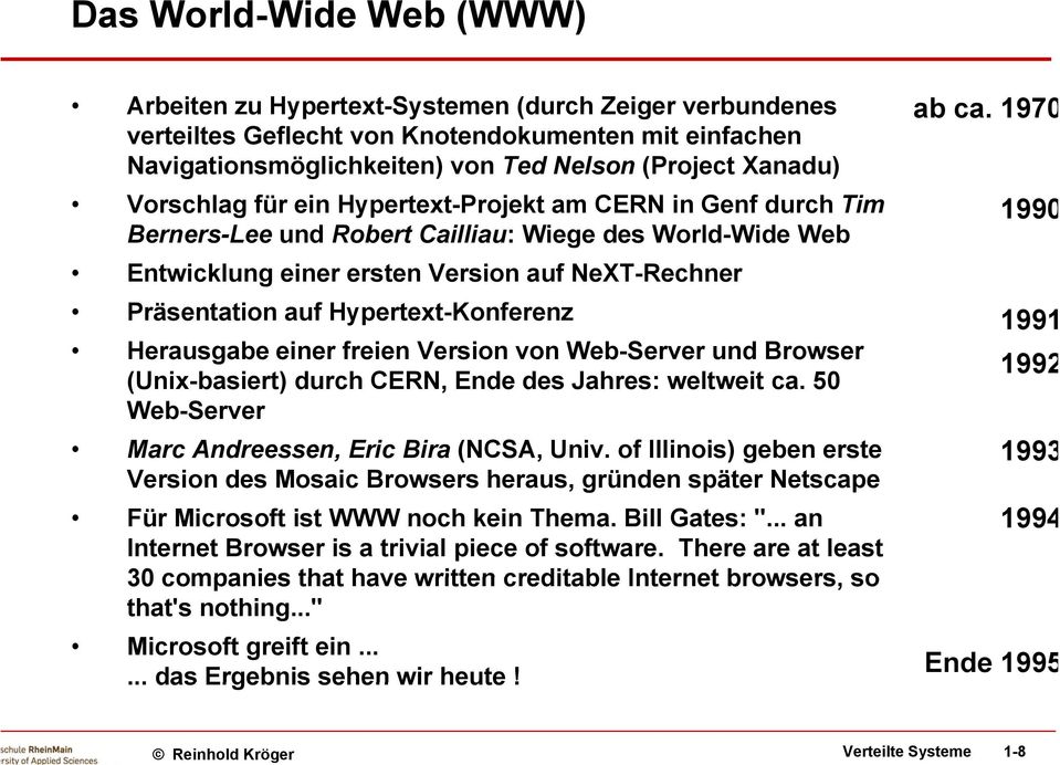 Hypertext-Konferenz Herausgabe einer freien Version von Web-Server und Browser (Unix-basiert) durch CERN, Ende des Jahres: weltweit ca. 50 Web-Server Marc Andreessen, Eric Bira (NCSA, Univ.