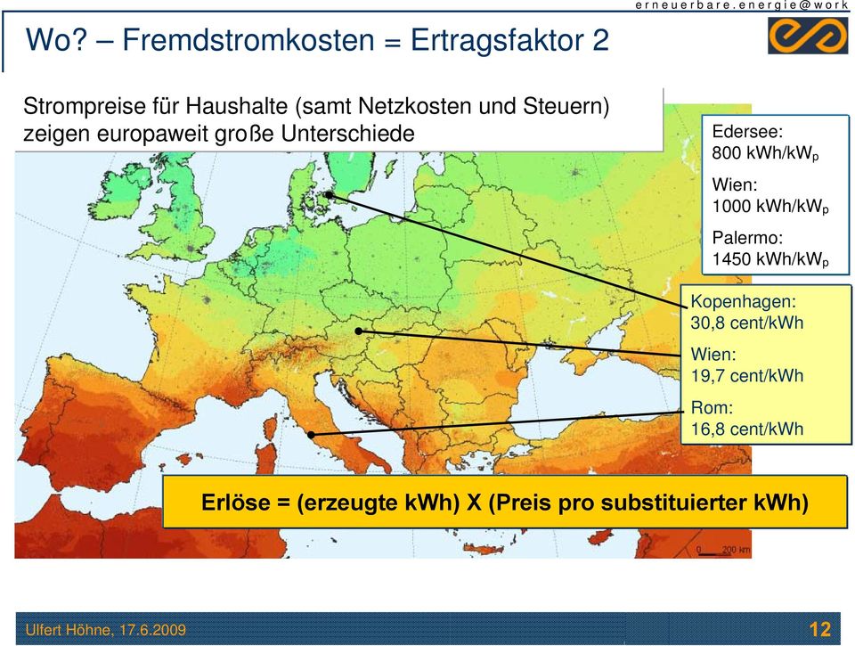 kwh/kwp Wien: 1000 kwh/kwp Palermo: 1450 kwh/kwp Kopenhagen: 30,8 cent/kwh