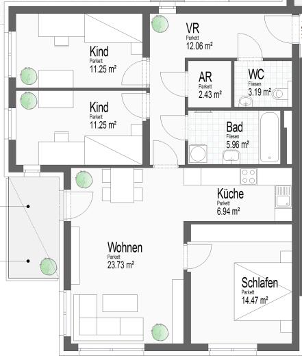 Wohnungsgrundrisse 2-Raumwohnung, Top 5,10,15, ca. 60 m² 4-Raumwohnung, Top 4, 9, 14, ca.