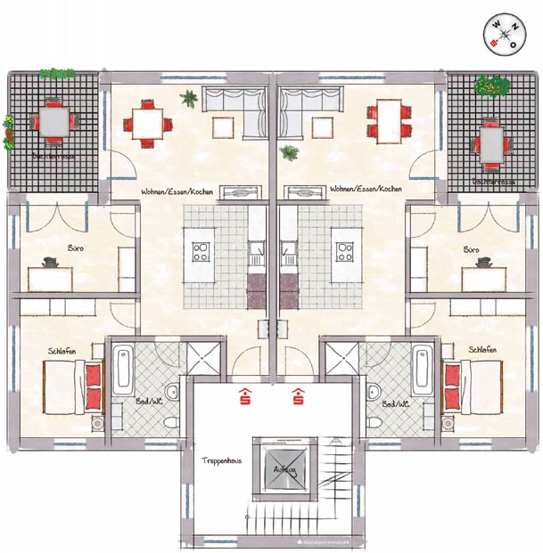 Grundrisse Mehrfamilienhaus 2 Dachgeschoss WHG 7 WHG 8 Wohnen / Essen / Kochen Terrasse Flur Bad / WC Wohnung 7 (MFH 3)
