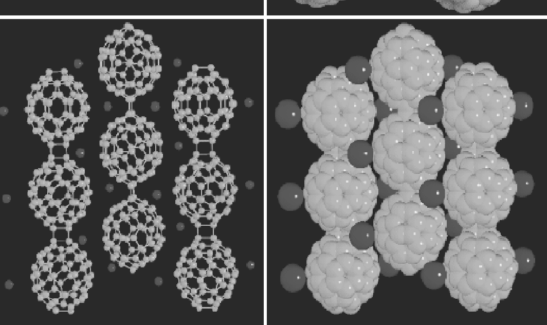 Moleküle Fullerene als typische Vertreter molekularer Festkörper. Das C60-Molekül ist im Bild oben links gezeigt. Es ähnelt strukturell einem Fußball.