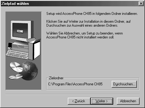 Datenkommunikation Software installieren 1. Verbinden Sie Ihr AccessPhone CH85 über die V.24 Schnittstelle mit dem PC. 2. Legen Sie die CD-ROM in Ihr CD-Laufwerk ein.
