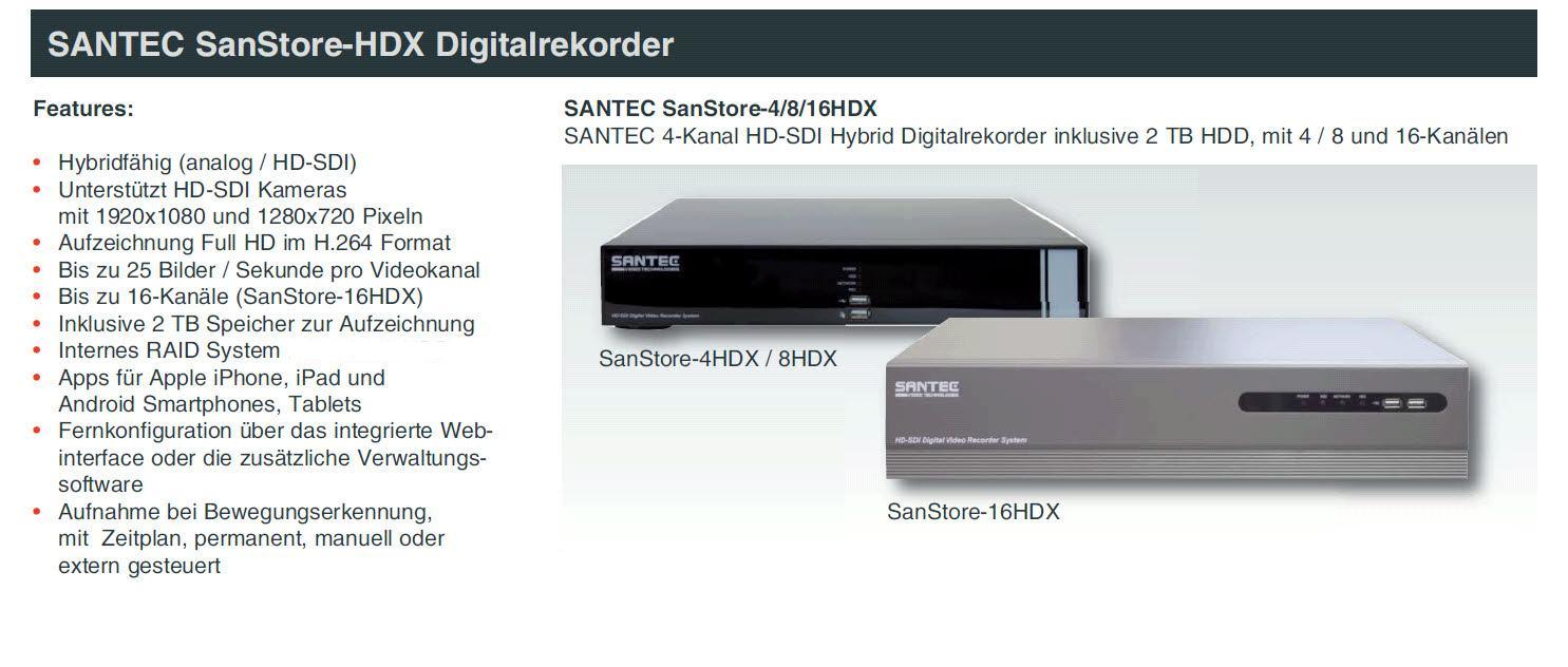 12 HD-SDI Rekorder Direkte Anschlussmöglichkeit von analogen D1, 960H, SDI (720p) und HD-SDI (1080p) Kameras durch vollautomatische Eingangssignalerkennung.