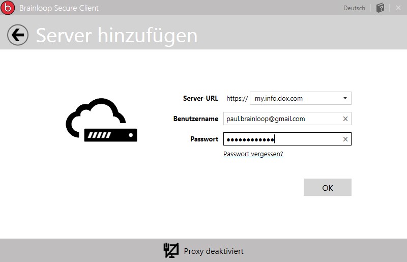 2.3 Konfigurieren Sie den Zugang zum Dox-Server 1. Klicken Sie im Fenster Einstellungen auf Server einrichten. 2. Der Dialog Server hinzufügen wird geöffnet. 3.