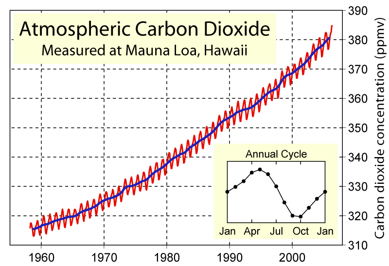 Anstieg der Treibhausgase (THG) CO 2 : - Konzentration in der Atomsphäre seit ~1850 stark angestiegen, von 280 ppm auf 380ppm (0,038%) - Keeling Kurve vom Mauna Loa (Hawaii) -