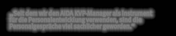 KVP Manager AIDA ORGA Human Resource Seit dem wir den AIDA KVP-Manager als Instrument für die Personalentwicklung verwenden, sind die Personalgespräche viel sachlicher geworden.