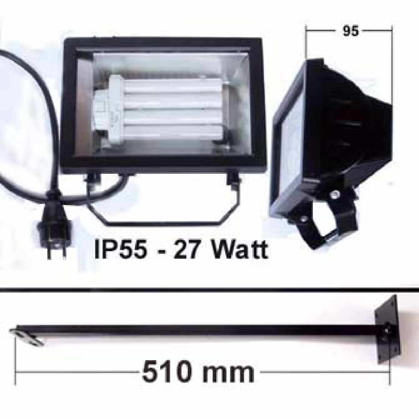 Reklamebeleuchtung TÜV/GS Fluter mit Wandausleger Energiespar Fassadenstrahler mit 500mm Wandarm Maße: B/H/T 230x180X95 mm Leistung: 27 Watt = 27KWH/1000H Lumen: 1800 Lm Lichtfarbe: 6500