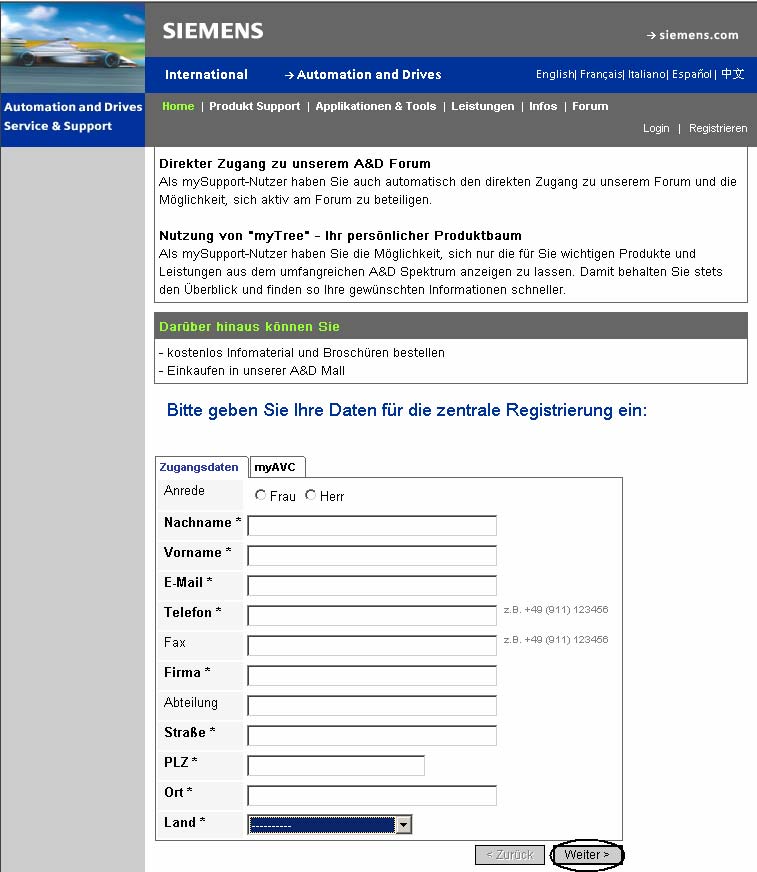 Registrieren für Dokumentation & Information Updates Das Fenster "Für die Siemens Automation and Drives Services kostenlos registrieren" wird