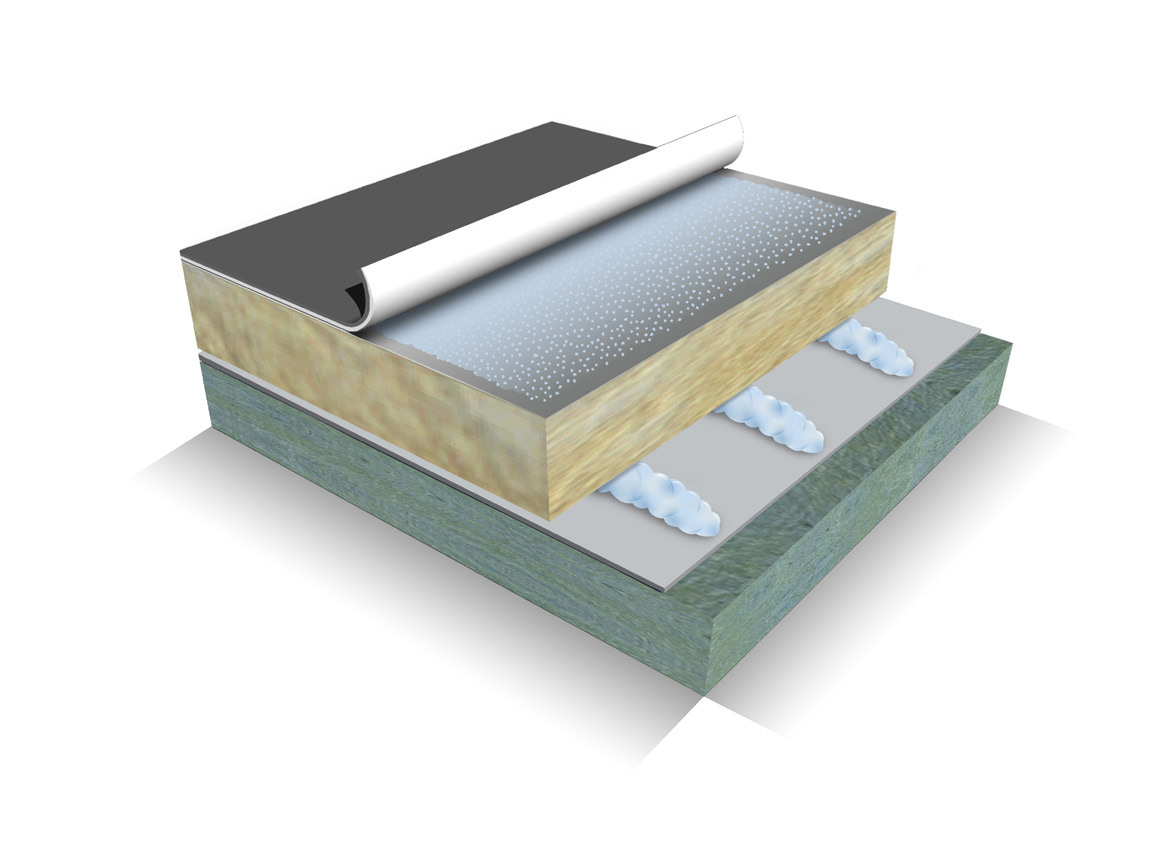 4 RENOLIT WATERPROOFING RENOLIT DUALFIX: Anwendungen Neubau Verklebung der vlieskaschierten Dachbahnen auf der Dämmung Verklebung der Dämmung auf den Untergrund (Selbstklebende Dampfsperre)