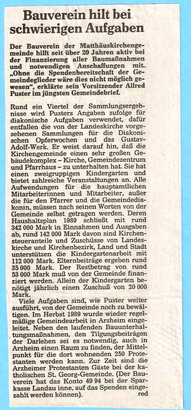 Die Rheinpfalz, 8. Januar 1990 zugehen, Klinken zu putzen und wieder einmal um eine Spende zu bitten, zumal manch ein Gang nicht selten wegen Abwesenheit der Bewohner mehrmals zu machen war.