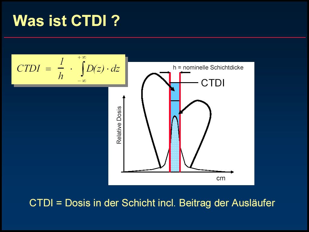 CT - Dosisbestimmung Als Dosisgrösse wurde der Computed Tomography Dose Index CTDI [mgy] eingeführt.
